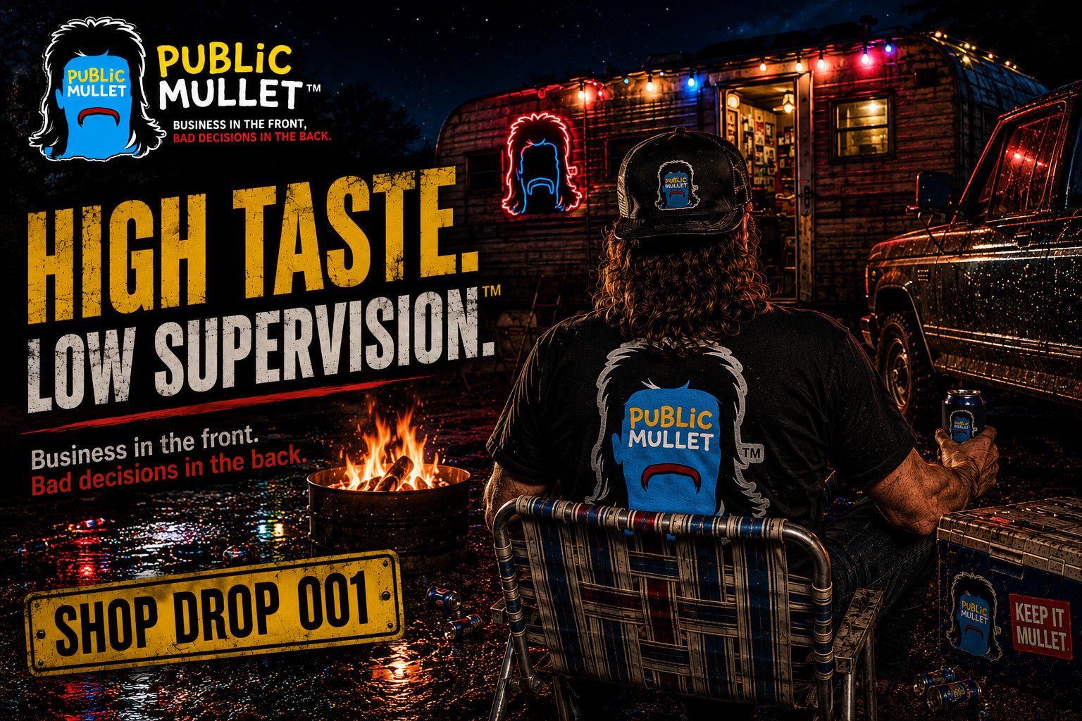 Person wearing a Public Mullet tee and cap, holding a branded can cooler beside a cooler with an oversized Public Mullet sticker, seated by a campfire at night with a vintage trailer, string lights, and a neon mullet sign in the background.