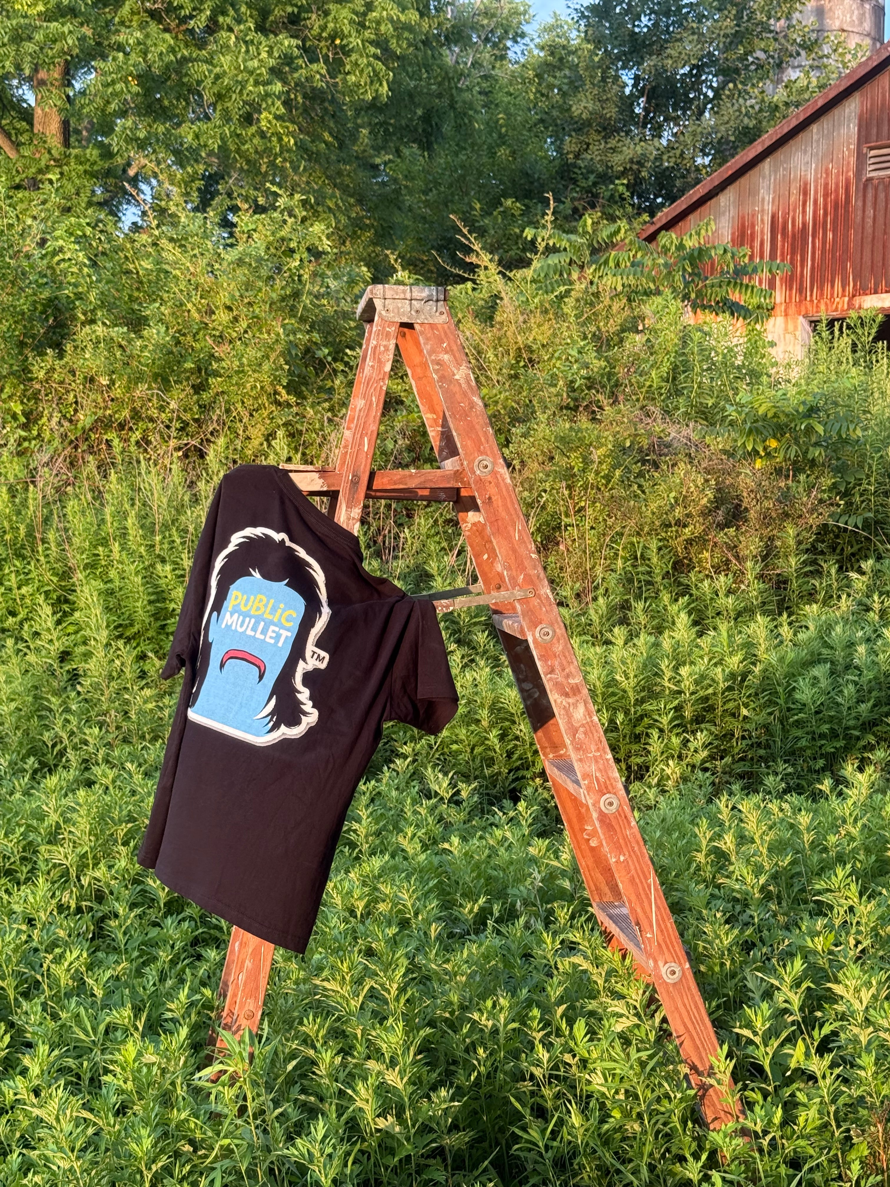 Public Mullet First Run tee displayed on a weathered ladder beside an old red barn in late-day sunlight.